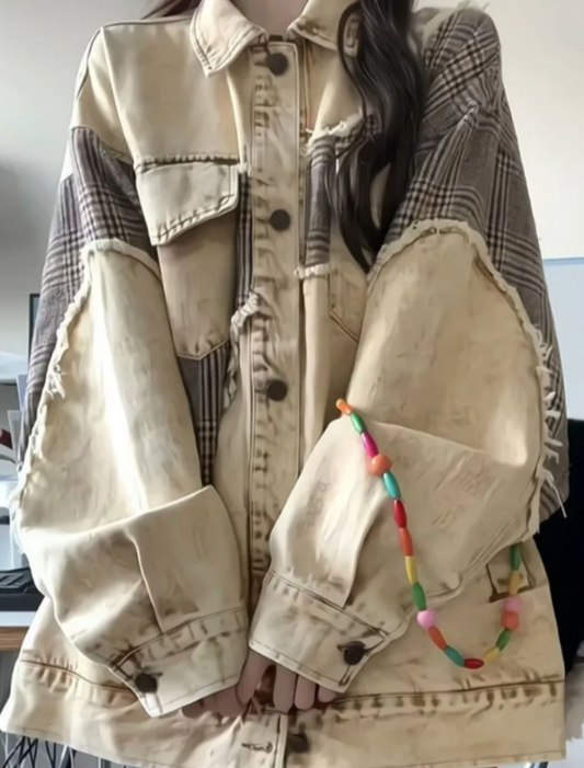 Oversize Beige & Tan Patchwork Denim Shirt Jacket "Shacket"