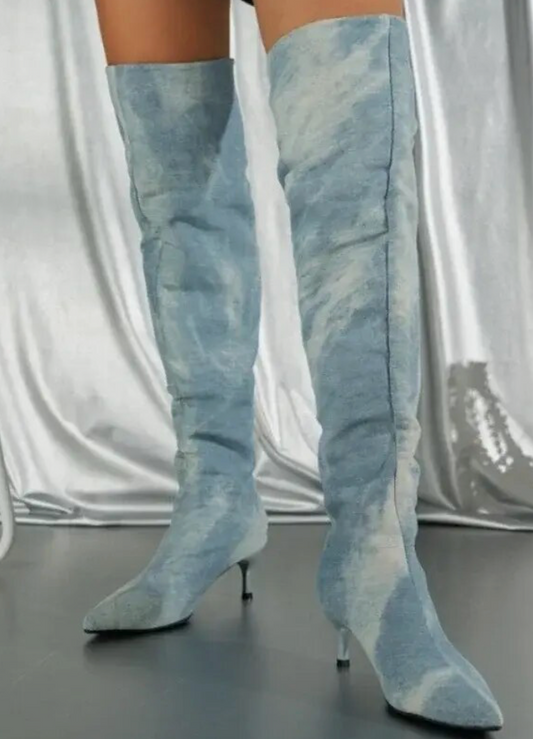 Blue Denim Wash Over the Knee Boots