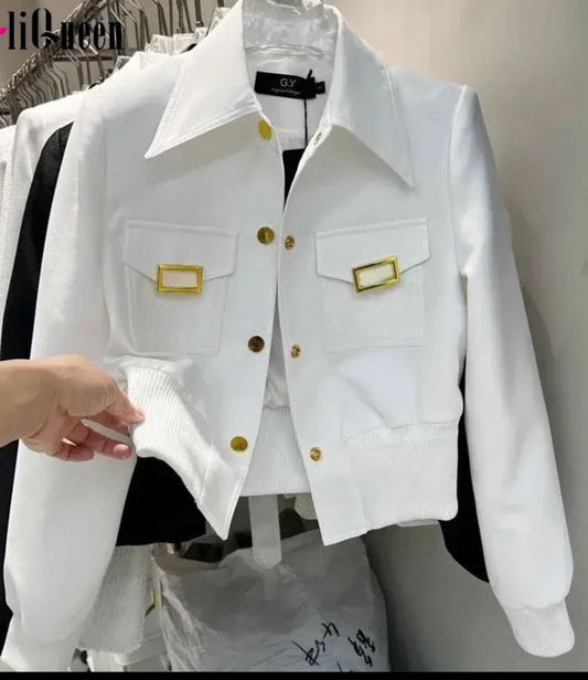 Gold Buckle Slim Waist Crop Jacket