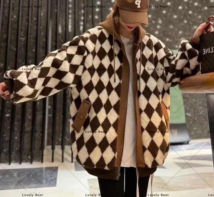 Retro Checkerboard Lambswool Sweater Coat