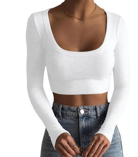 Long Sleeve Cropped Deep Round Neck Shirt