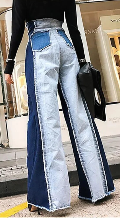 Super High Waist Patchwork Denim Trousers