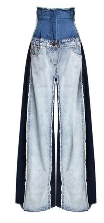 Super High Waist Patchwork Denim Trousers