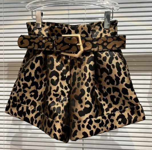 Leopard High Waist Belted Shorts