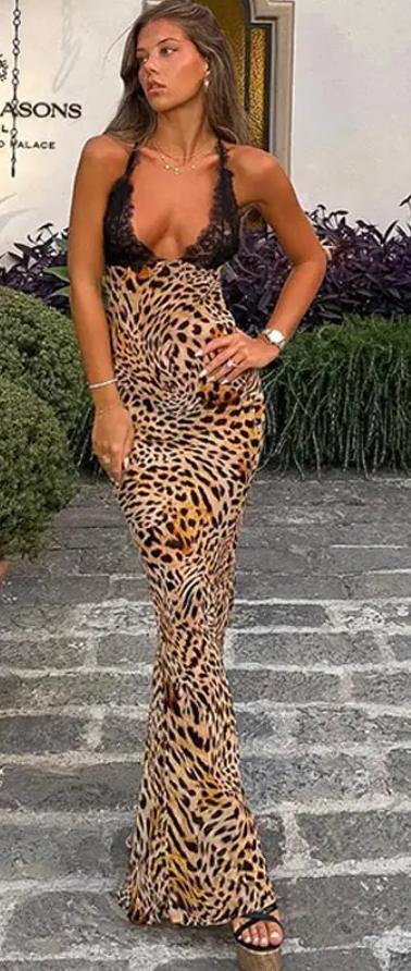 Leopard Print Lace Maxi Dress