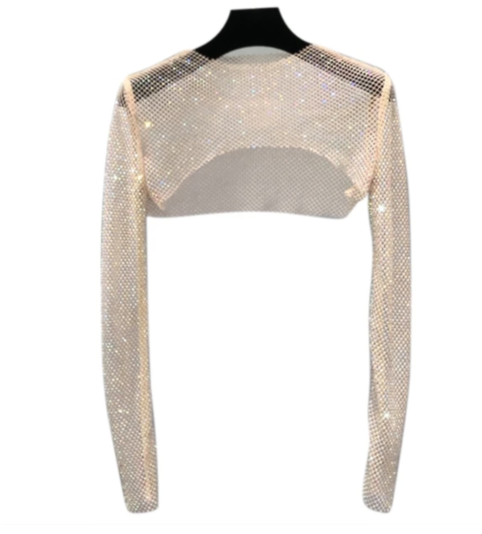 Rhinestoned Fishnet Cropped Long Sleeve