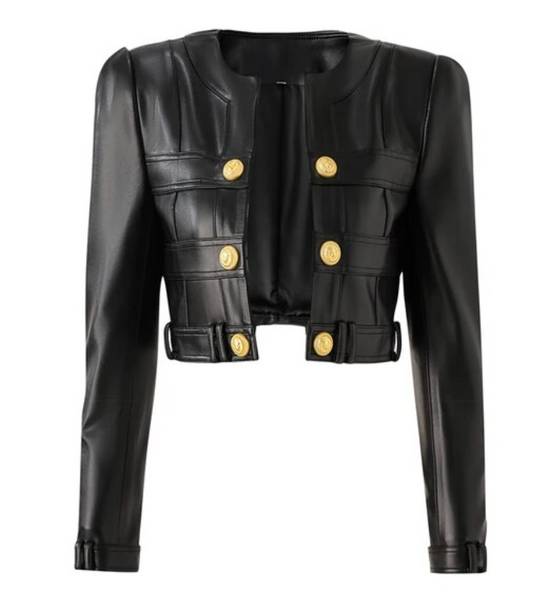 High-quality FAUX leather outdoor fashion jacket for women, featuring a stylish short plaid design in a new fall-spring motorbike-inspired style, exuding a handsome and fashionable look