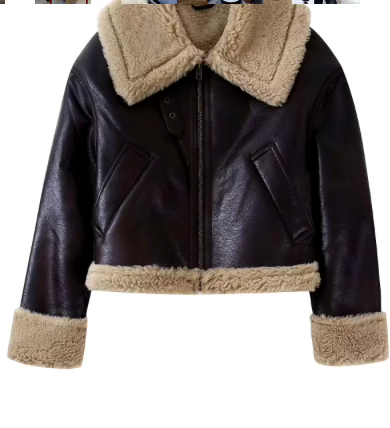 Lamb Wool Lapel Cropped Bomer Vegan Leather Jacket